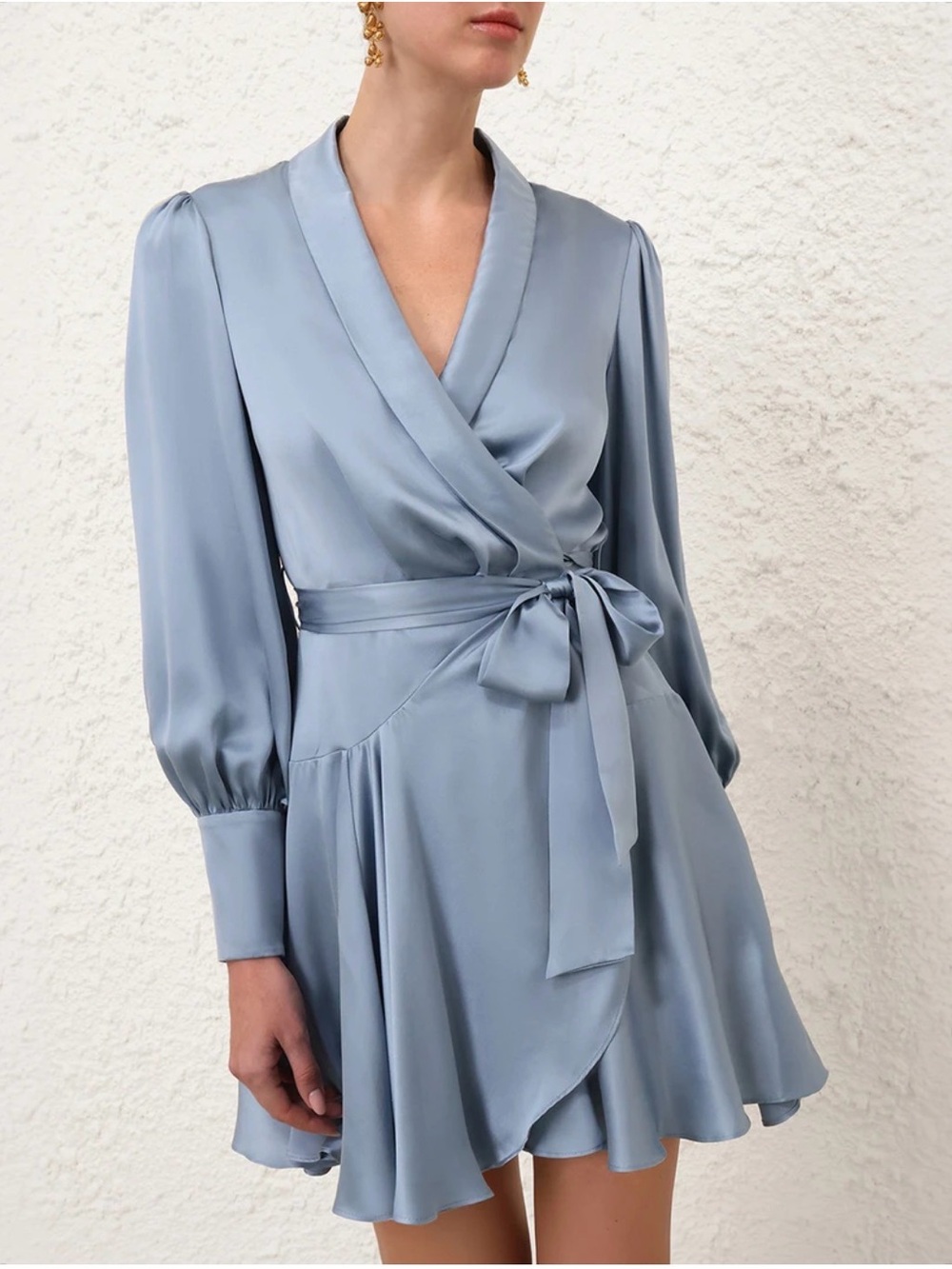 Zimmermann Powder Blue Satin Wrap Mini Dress with Tie Waist
